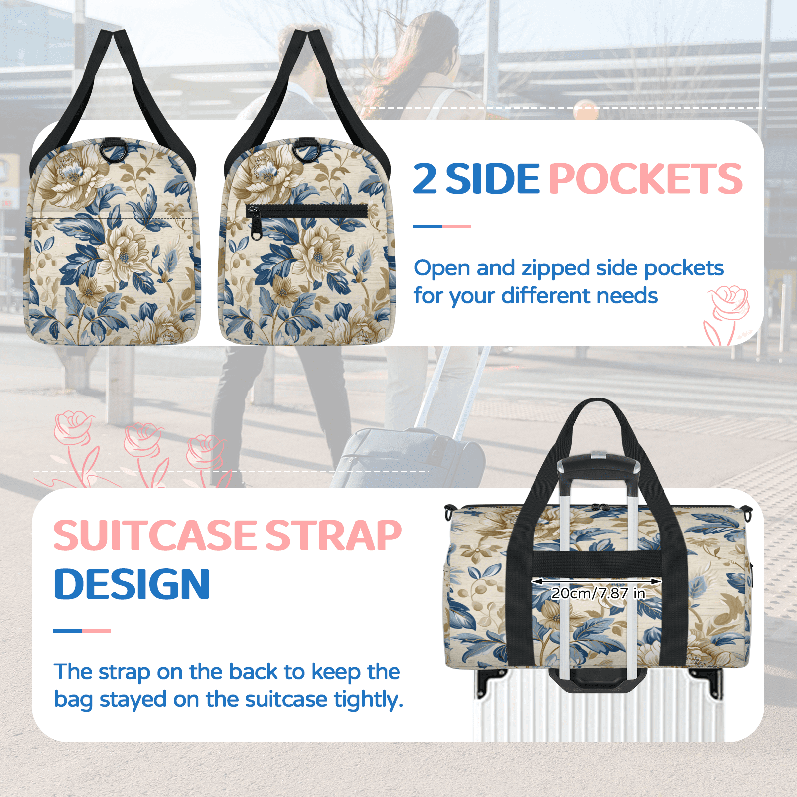 Herdesigns Flower Vintage Farmhouse Gym Bag for Women, Duffle Bag for Travel Sport, Lightweight Waterproof Carry on Weekender Overnight Dance Yoga Workout Bags