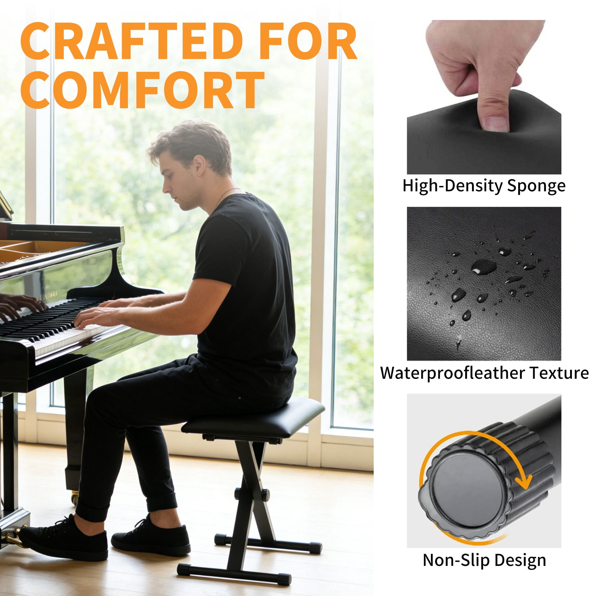 Olakula Black Adjustable Piano Keyboard Bench with Leather-Padded Seat and Folding ,Non-Skid Design.