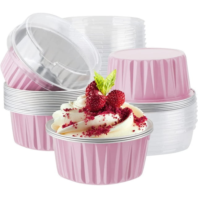 Baking Cups with Lids, Pink 25Packs 5oz Disposable Aluminum Foil Mini