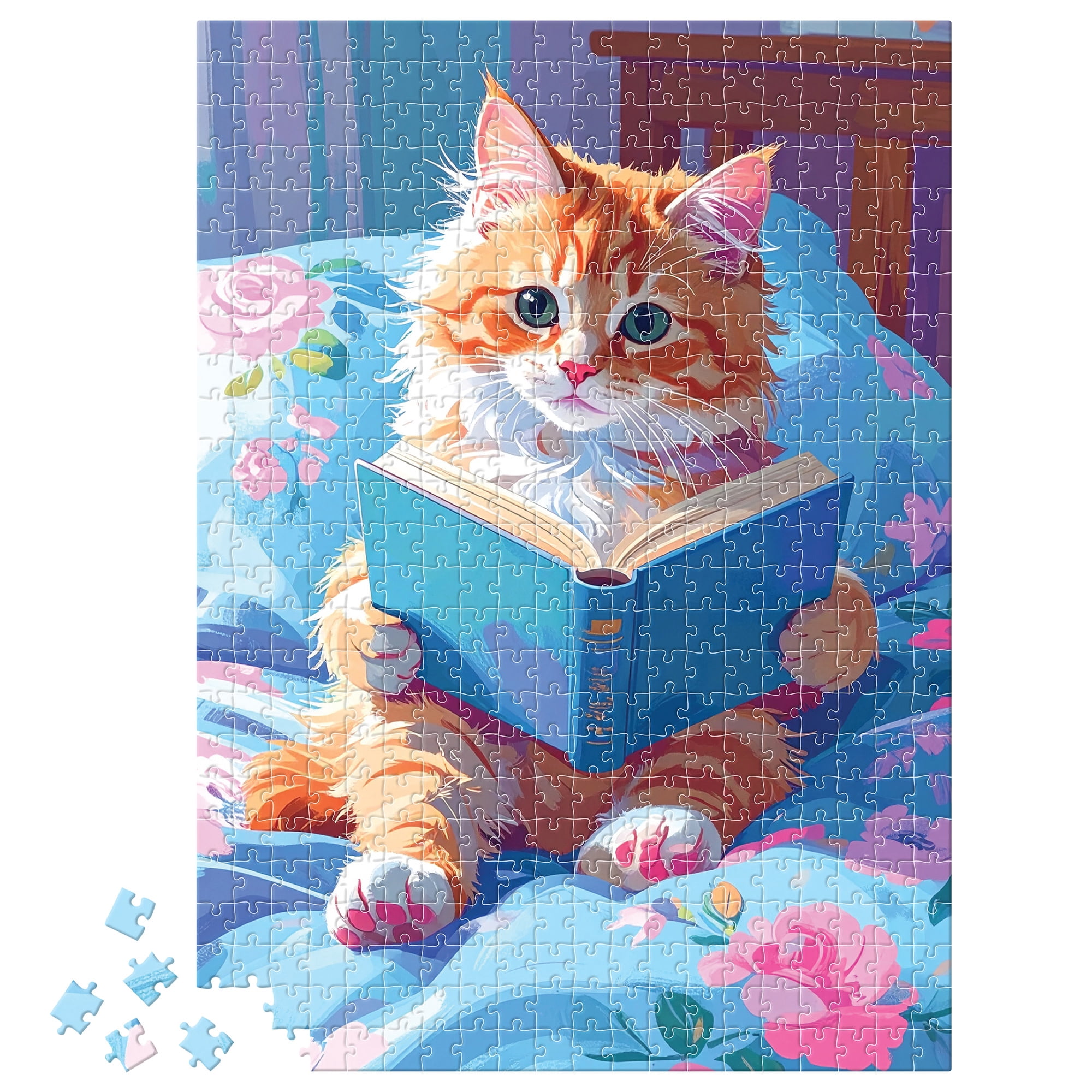 Brea Reese: 500 Piece Puzzle - Bookish Kitty - Cozy Floral Bedding & Animal Reading Scene, Adult Jigsaw, Snap-Fit, Soft-Touch, Image Reference Poster
