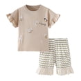 thumbnail image 2 of MAIHAN back to school gifts Girls Summer Short Sleeve Two Piece Outfit Round Neck Floral Embroidery Ruffle Cuff Tee Matching Curved Line Pattern Shorts With Lace Frill Hem Leisur (Khaki,2-3 Years), 2 of 6