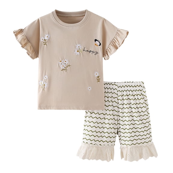 Tiijoy Girls Summer Outfits Flower Embroidery Ruffle Short Sleeve T-Shirt Shorts Set, Sizes 2-3