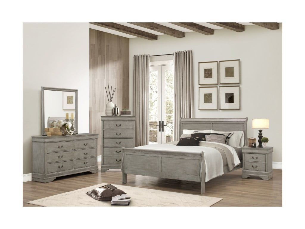 Traditionally Styled Sleigh Bed Dresser Mirror Nightstand Set 4 Piece King Gray Furniture Set