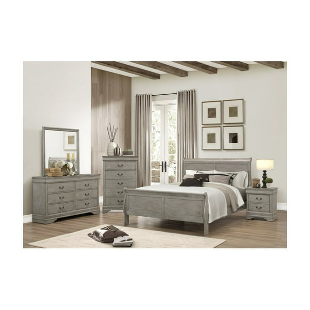Traditionally Styled Sleigh Bed Dresser, Gray Mirror Dresser Set