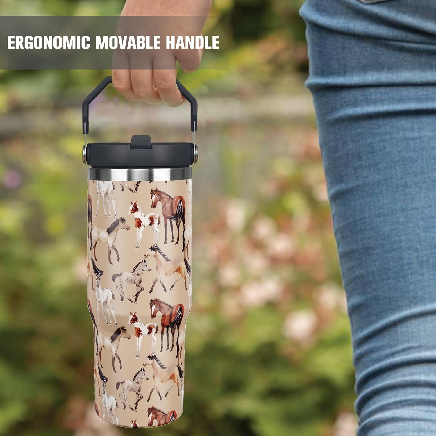 30 oz Horse Tumbler With Handle and Straw, 30oz Flip Straw Tumbler Insulated Coffee Travel Mugs Cup Water Bottle Gifts for Horse Lovers Women Girls