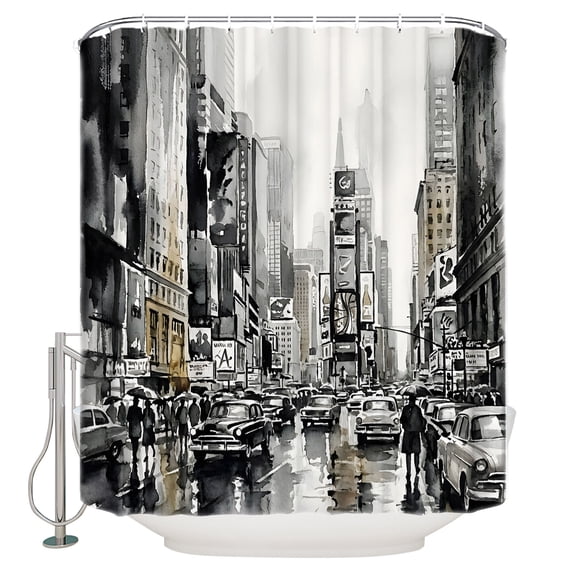 Modern Cityscape Bathroom Shower Curtains with 12 Hooks Polyester Waterproof Shower Curtain for Stalls and Bathtubs Black White Vintage Street City Decorative Bathroom Privacy Curtain 72x96 Inches