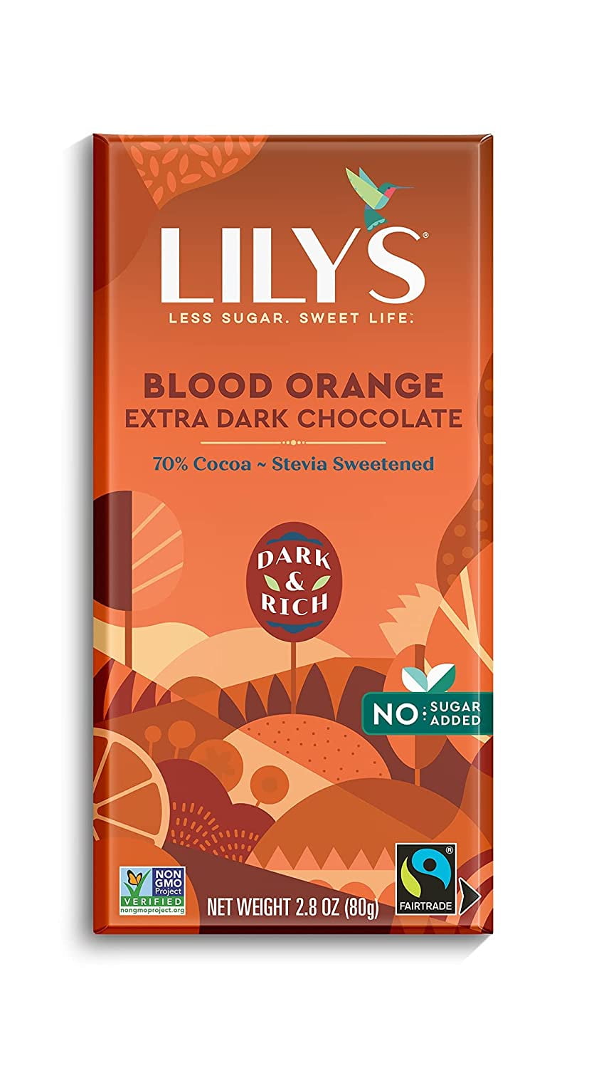 Blood Orange Dark Chocolate Bar by Lily's | Made with Stevia, No Added Sugar, Low-Carb, Keto Friendly | 70% Cocoa | Fair Trade, Gluten-Free & Non-GMO | 2.8 ounce