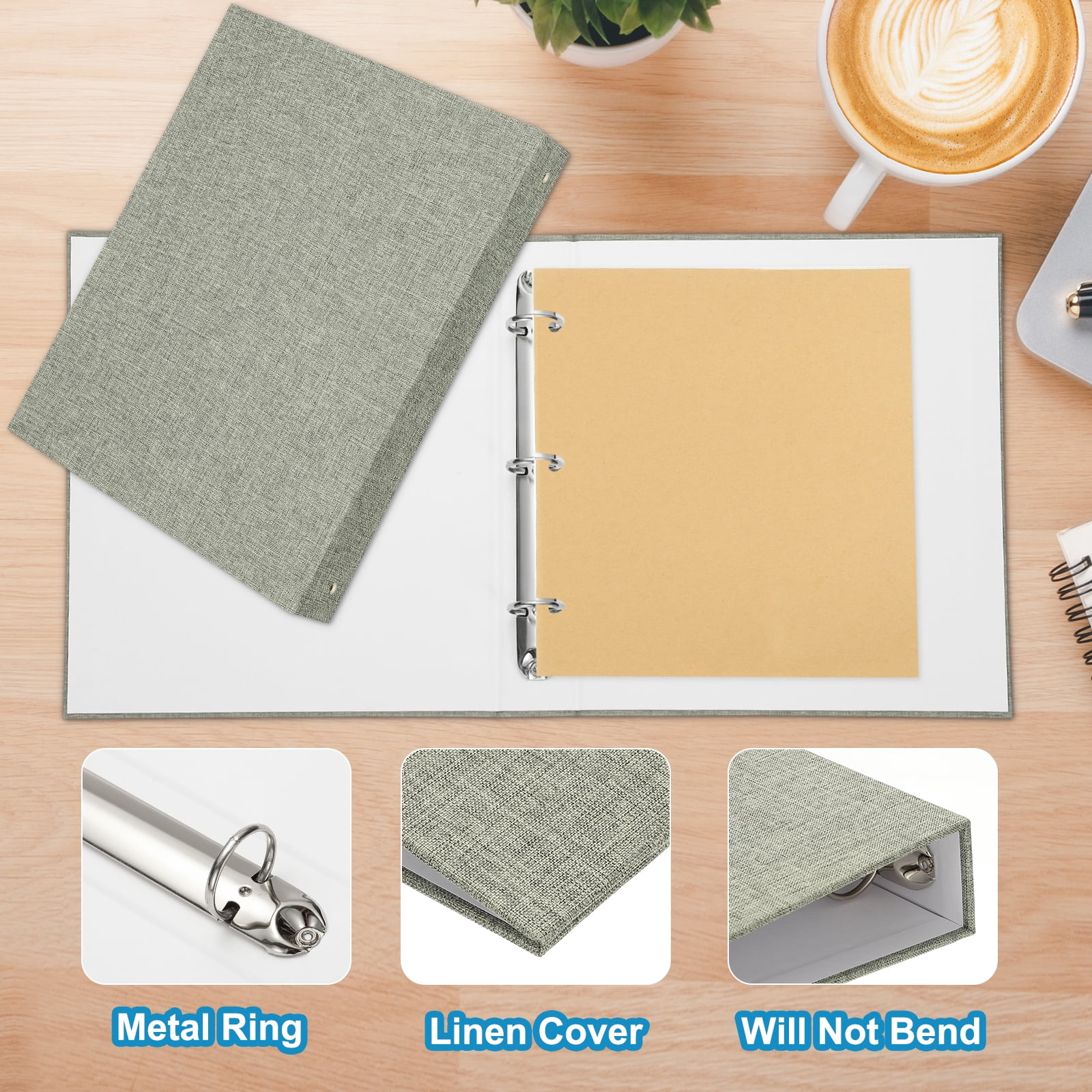 Uxcell 3 Ring Binder, A4 Size Flexible Round Binder Big Capacity Linen Planner Binder for Business Home Classroom, Grey