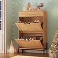 thumbnail image 5 of GAOMON Natural Rattan Storage Cabinet with 2 Flip Drawers, Adjustable Shelves & Metal Legs, Slim Wooden Entryway Shoe Cabinet for Hallway or Living Room, Oak, 5 of 7