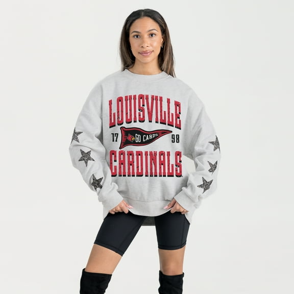 Women's Gameday Couture Ash Louisville Cardinals Oversized Pennant Pride Rhinestone Star Sleeve Sweatshirt