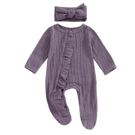 

Elippeo Baby Girls Jumpsuits 3M 6M 12M Spring Autumn Solid Color Long Sleeve Ruffle Footed Wrap Romper with Headband Newborn Infant Clothes