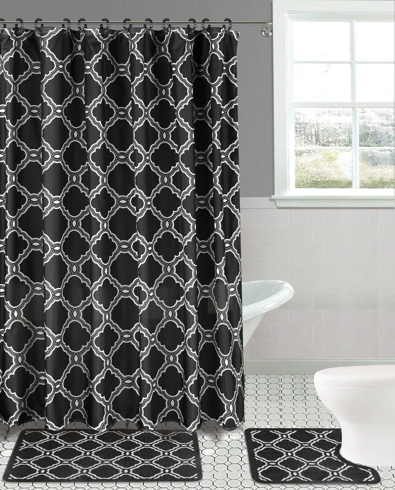 HONEY BLACK 15-piece Hotel Bathroom Sets - 2 Non-Slip Bath Mats Rugs Fabric Shower Curtain 12-Hooks