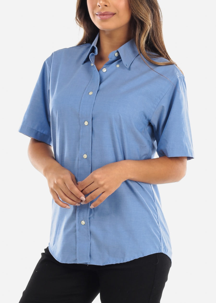 Moda Xpress - Womens Button Up Shirt Short Sleeve Shirt Collar Blue ...