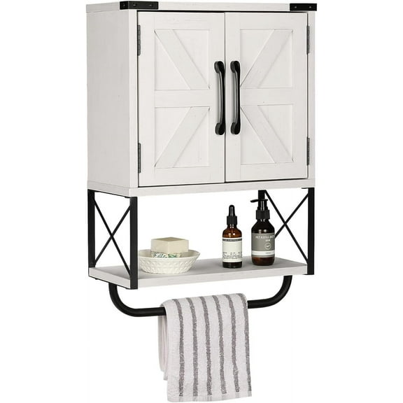 Farmhouse Rustic Medicine Cabinet with Two Barn Door,Wood Wall Mounted Storage Cabinet with Adjustable Shelf and Towel Bar, 3-Tier Cabinet for Bathroom, Living Room(Vintage White)