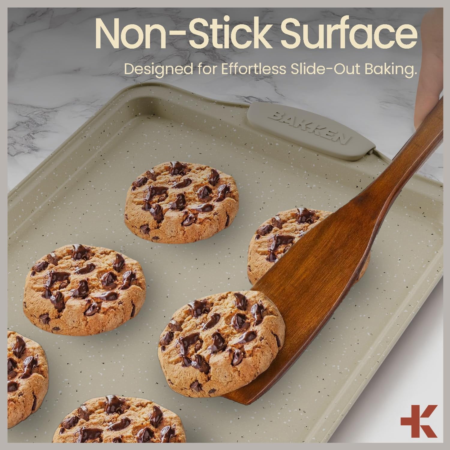 BAKKEN Kitchen Baking Pans – Medium (15.15" × 10.03") & Large (17.1" × 11.8") Nonstick Cookie Sheets, Carbon Steel with White Silicone Handles, Oven Safe Up to 450°F, 2-Piece Set