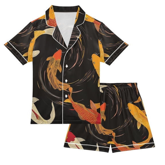 FORMRS Kids Short Sleeve Top and Pants Pajama Set Unisex Satin 2-Piece Sleepwear, Sizes 5-6Y, Black Fish Pattern