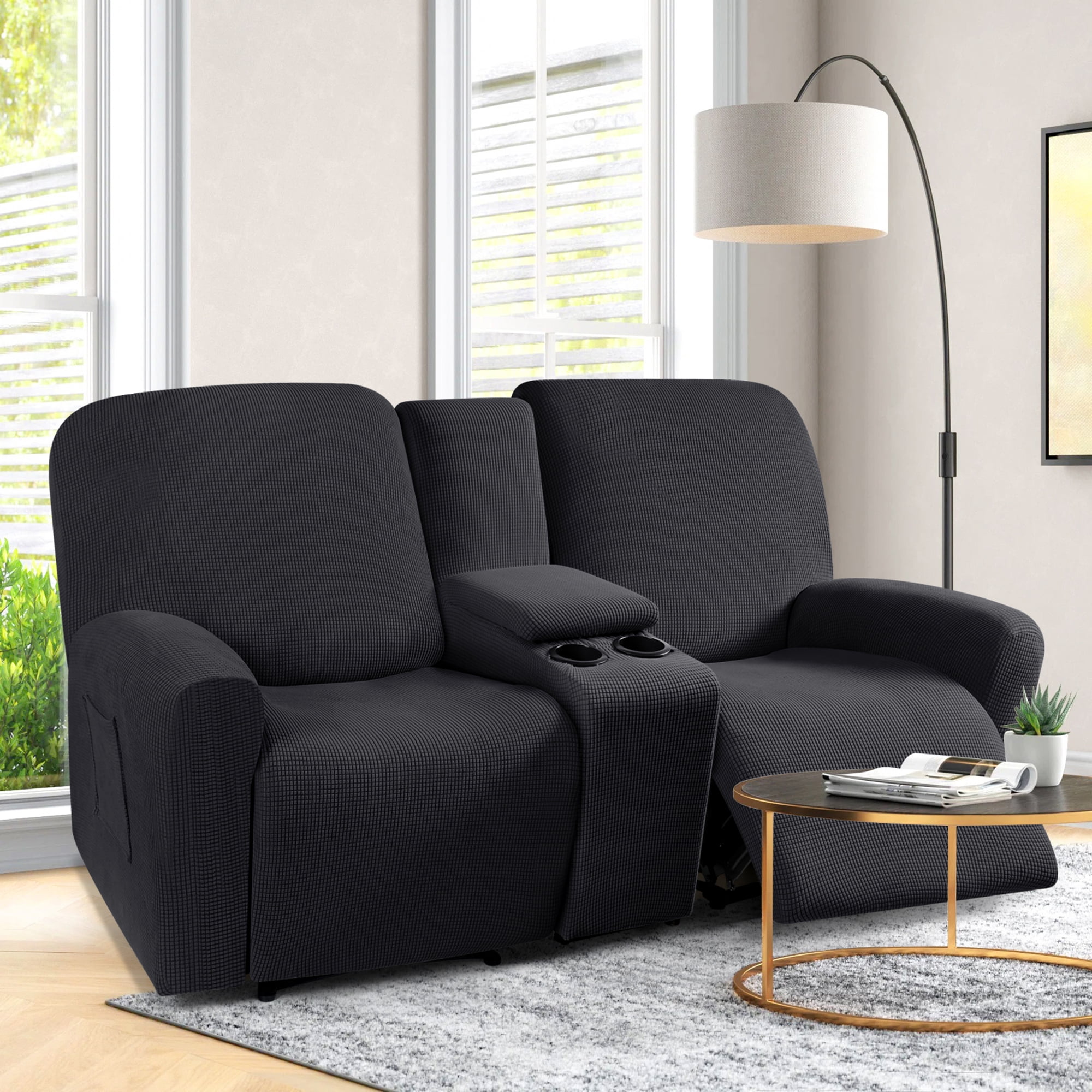 TAOCOCO Stretch Loveseat Slipcover with Middle Console, 4-Pieces Reclining Sofa Cover for 2 Seat Couch Recliner Sofa Slipocvers Furniture Protector, Black