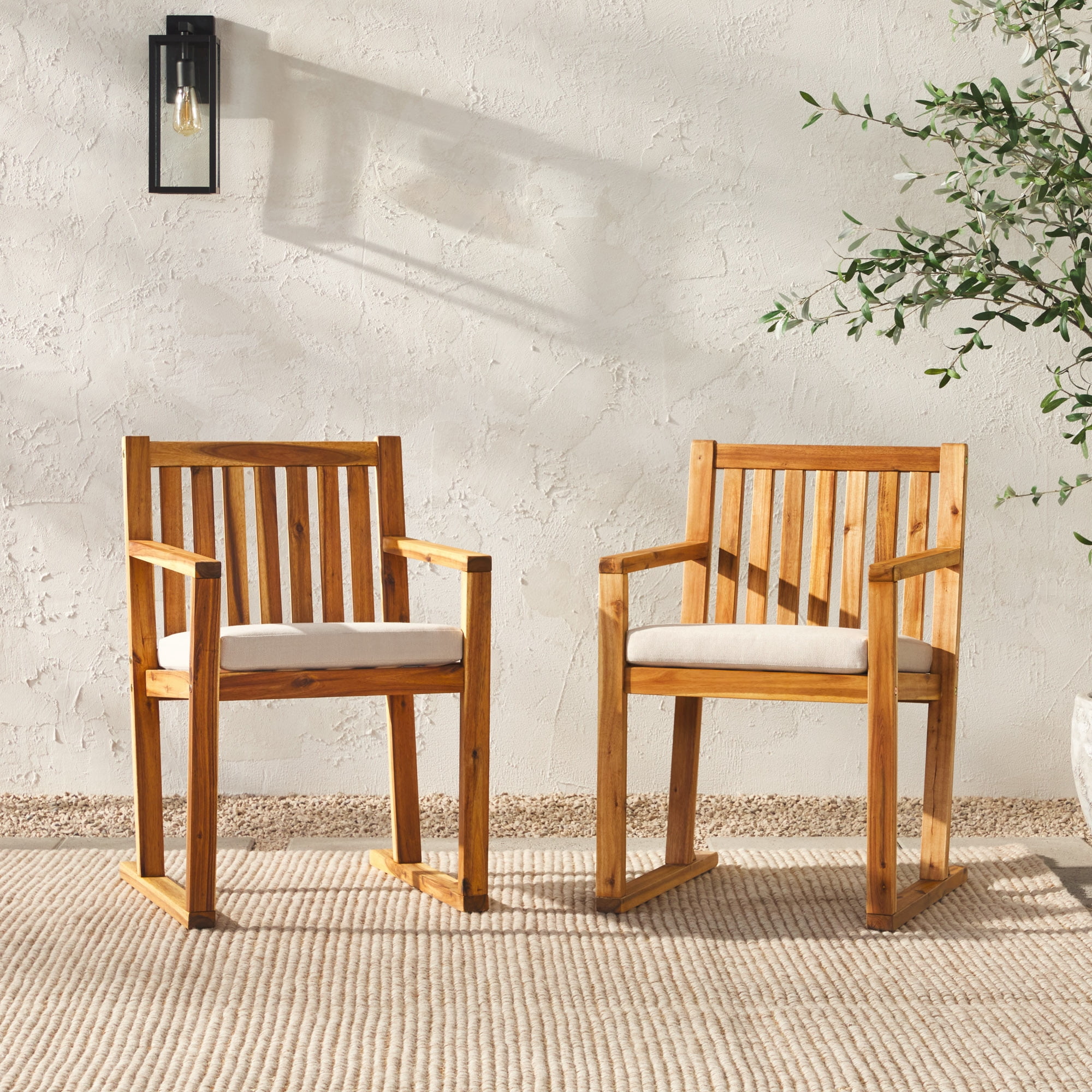 Walker Edison Set of 2 Modern Solid Wood Slat-Back Outdoor Dining Chairs, Natural