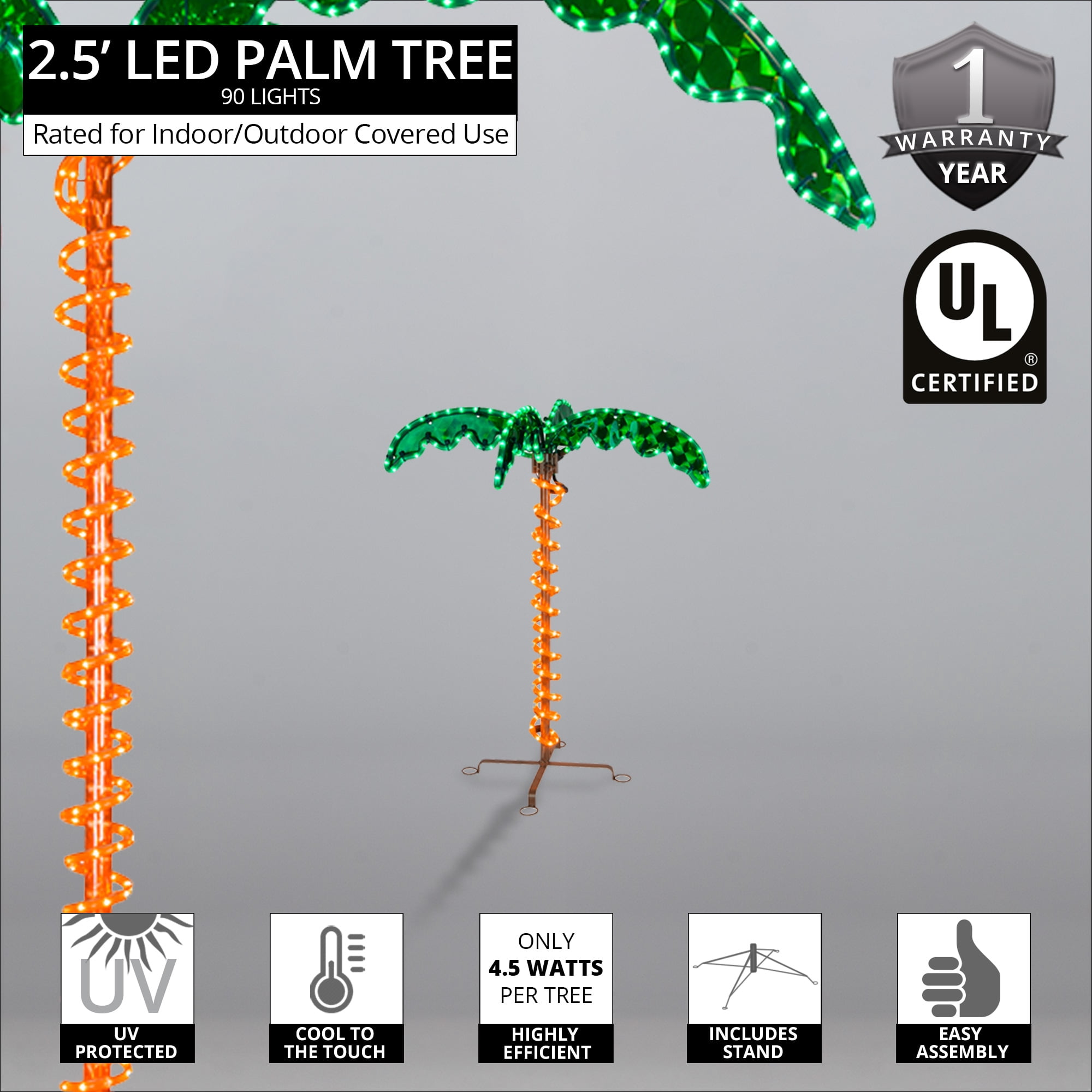 Wintergreen Lighting Holographic Lighted Palm Tree, LED, Artificial Tree, Rope Light, 2.5ft, Indoor/Covered Outdoor Use