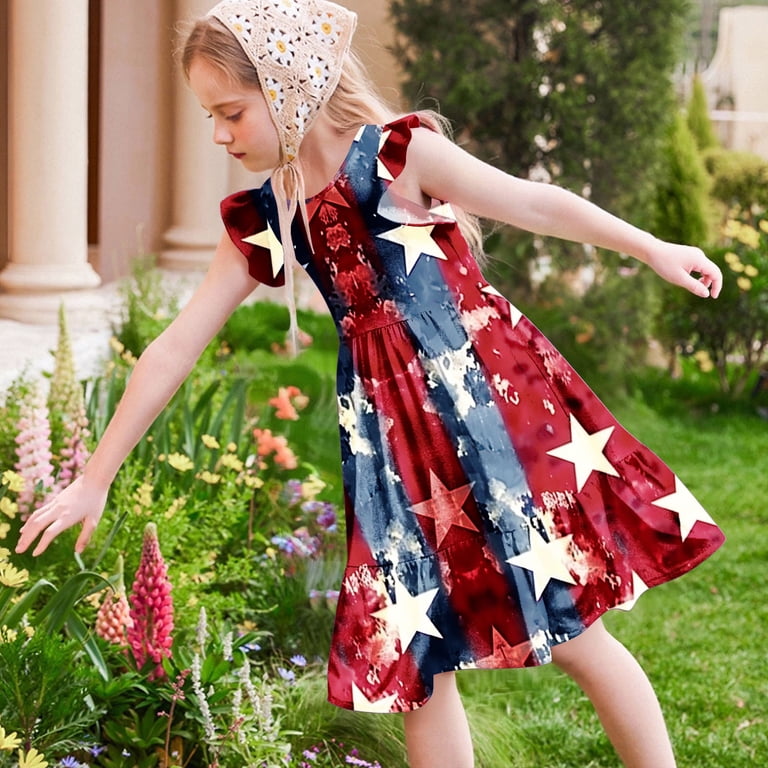 Avrnliq Red White Blue Star Girls 4th of July Dress Short Sleeve Ruffle Patriotic  Midi Dress,Size 5-6 T - Walmart.com