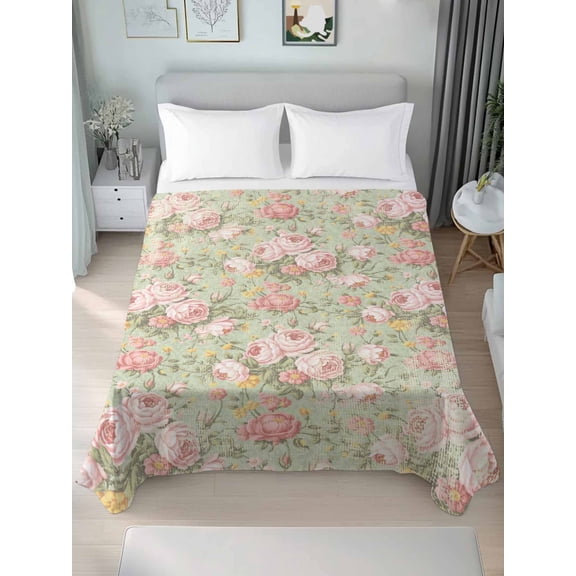 Pink Flowers Twim XL Size Flat Sheet, Wrinkleproof & Fadeproof Cooling Flat Bed Sheet Only, Green Country Botanical Floral Leaves Breathable Soft Bedding Top Sheets 66 x 102 Inches