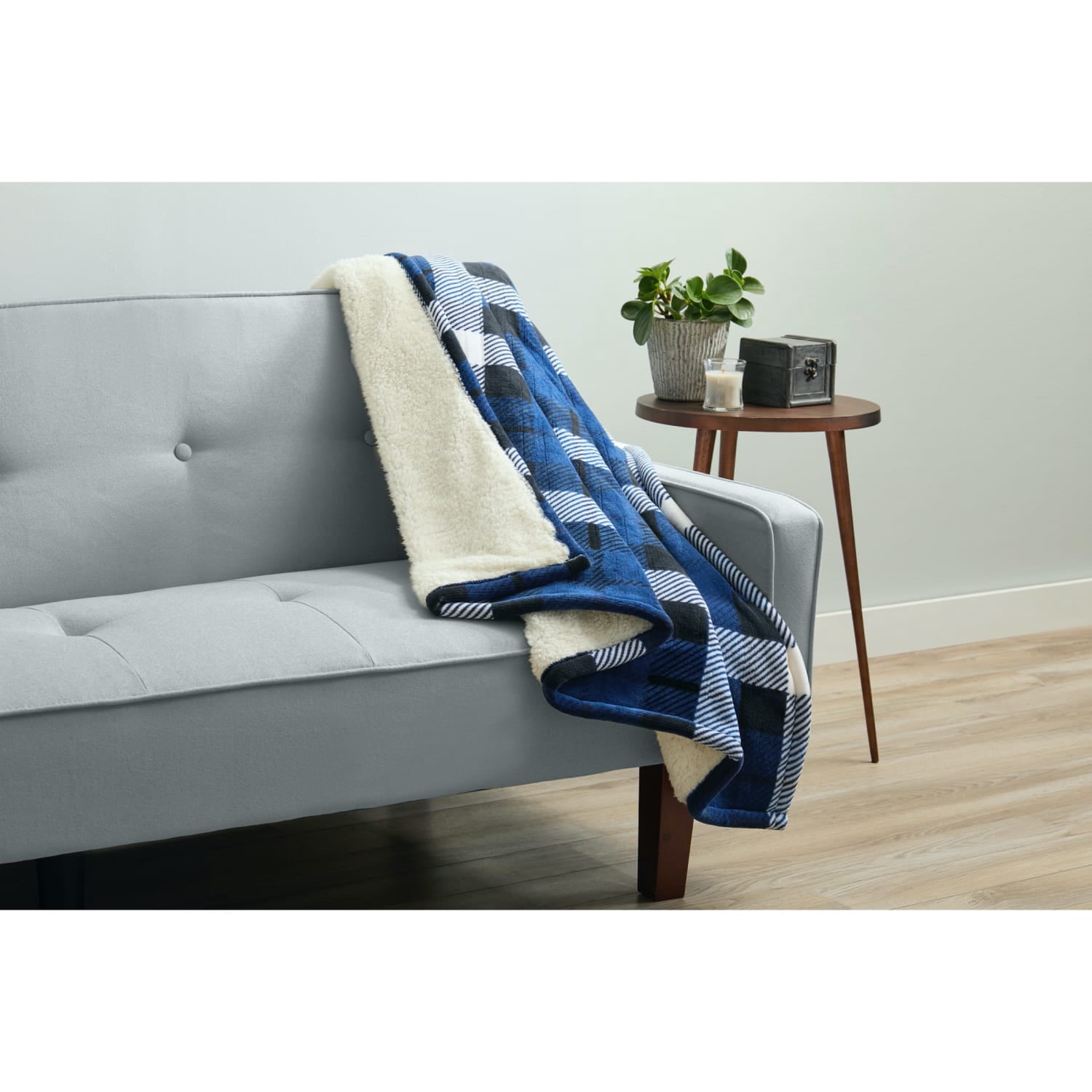 Sunbeam Microplush Reverse Sherpa Heated Throw (50" x 60"), Push Button Controller with 3 Heat Settings, Blue/Black Plaid