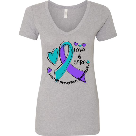 Inktastic Love and Care Suicide Prevention Awareness Ribbon and Hearts Women's V-Neck T-Shirt