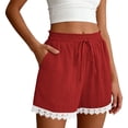 thumbnail image 4 of cocolona Womens Summer Casual Lace Shorts Solid Color Elastic Waist Drawstring Vacation Beach Shorts with Pocke, 4 of 5