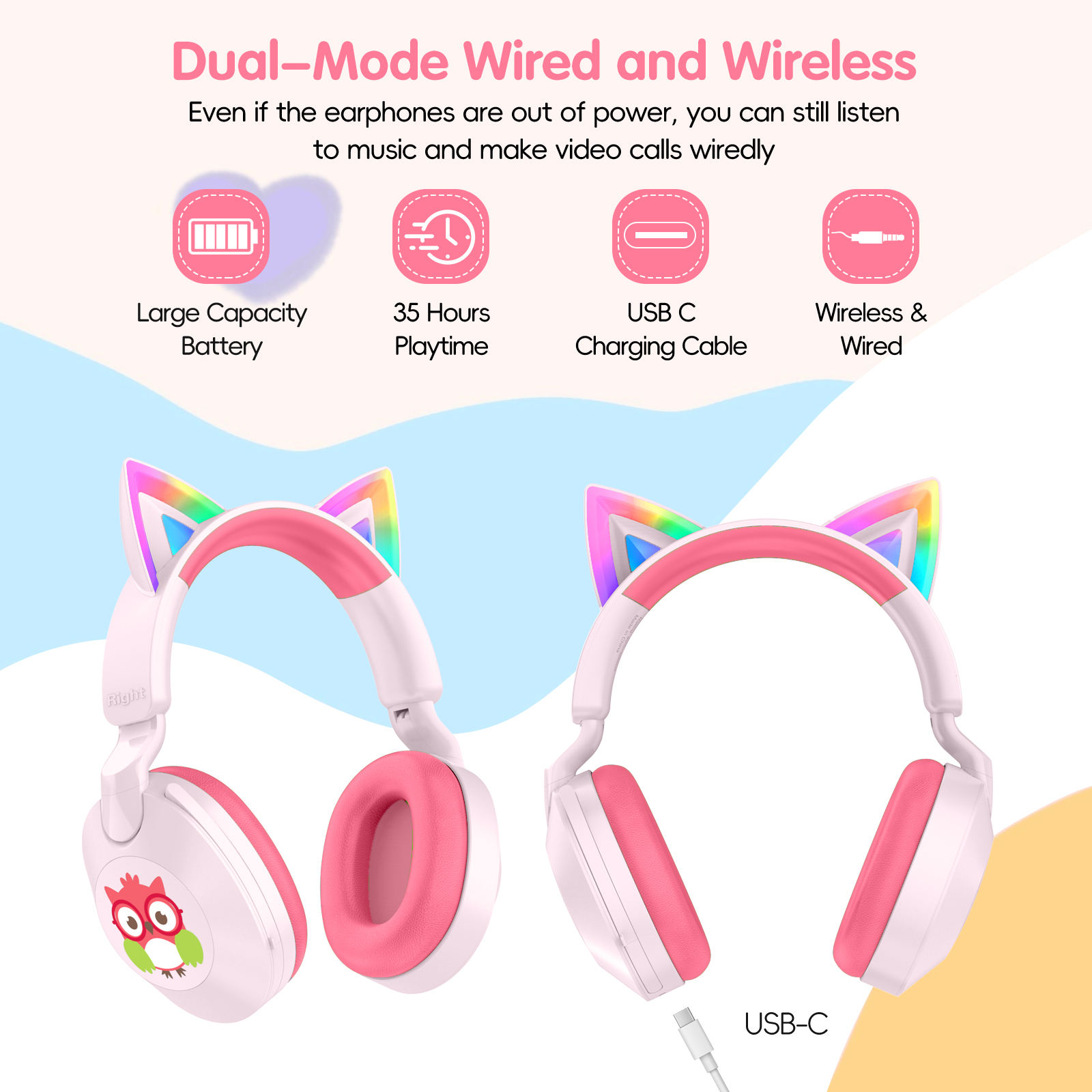 LOBKIN Kids Bluetooth Headphones,Lightweight Wireless Headphones for Kids,85dB Volume Limited,Foldable,35 Hours Playtime,Bluetooth 5.4, Over-Ear Toddler Headsets with Built-in Mic,Pink