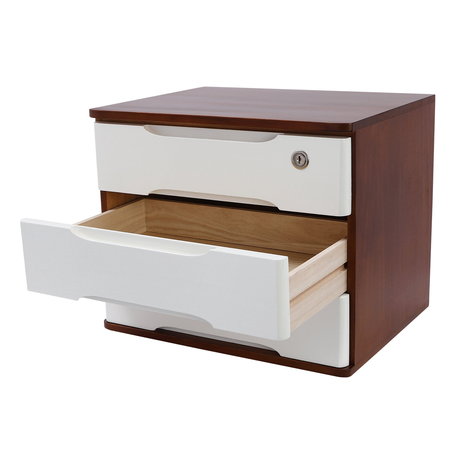 ToppiJoy 3-Tier Wooden Desktop Storage Box with Lockable Drawers, Modern Tung Wood Desk Organizer, Bamboo Storage with Keys (Walnut, White)