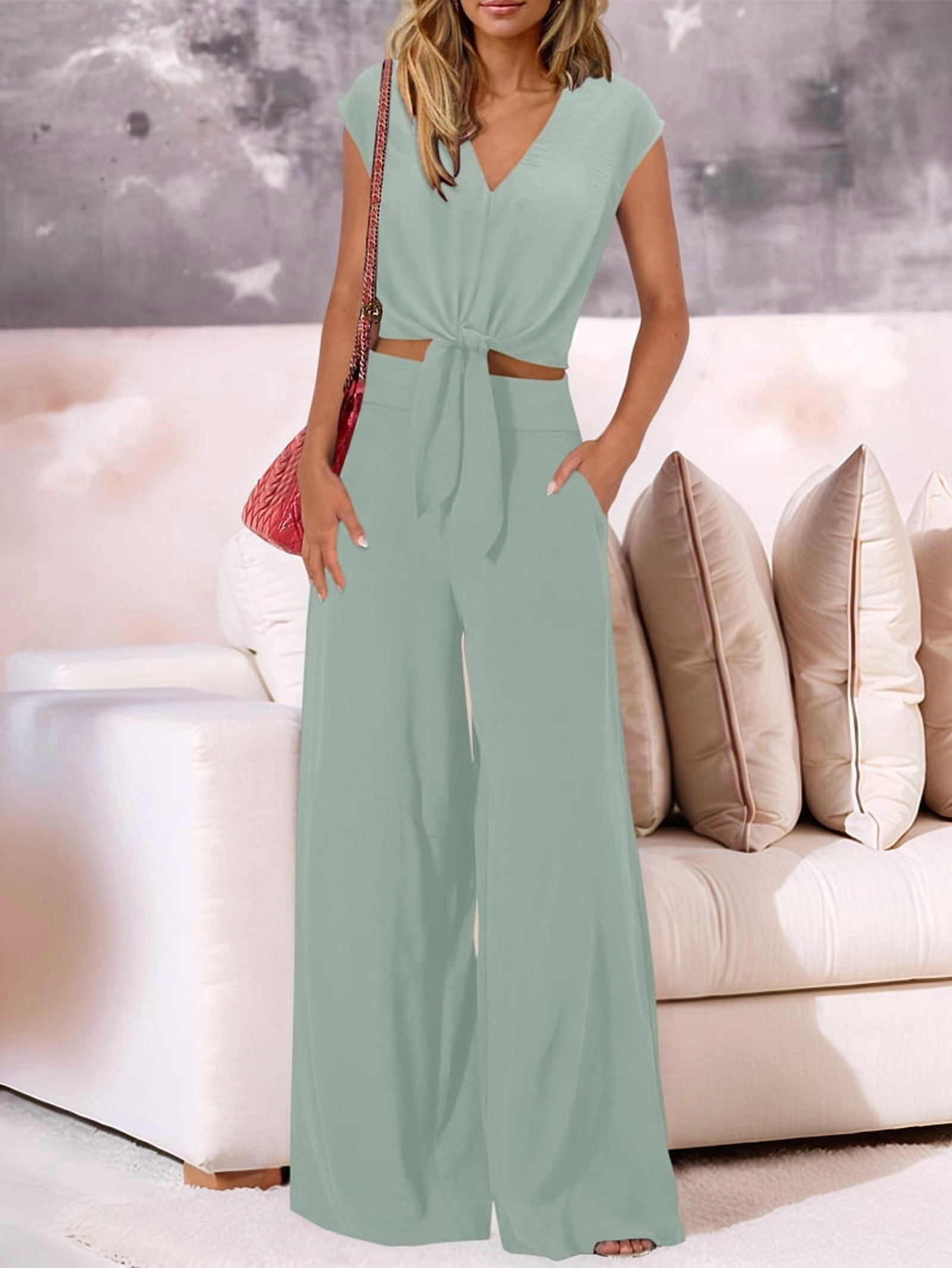 Women'S Summer 2 Piece 2025 Cap Sleeve V Neck Belted Crop Tops Wide Leg Pants Sets Casual Tracksuit Light Green S