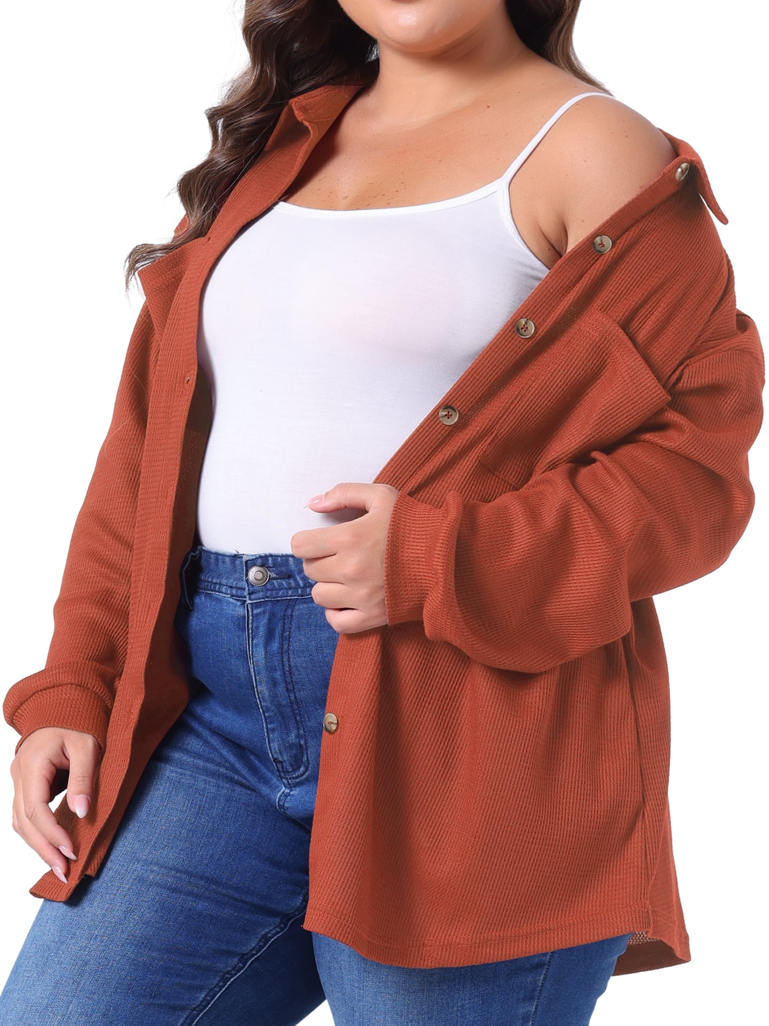 DARING DIVA Plus Size Waffle Knit Shirt Long Sleeve Button Down Jacket 2X Orange