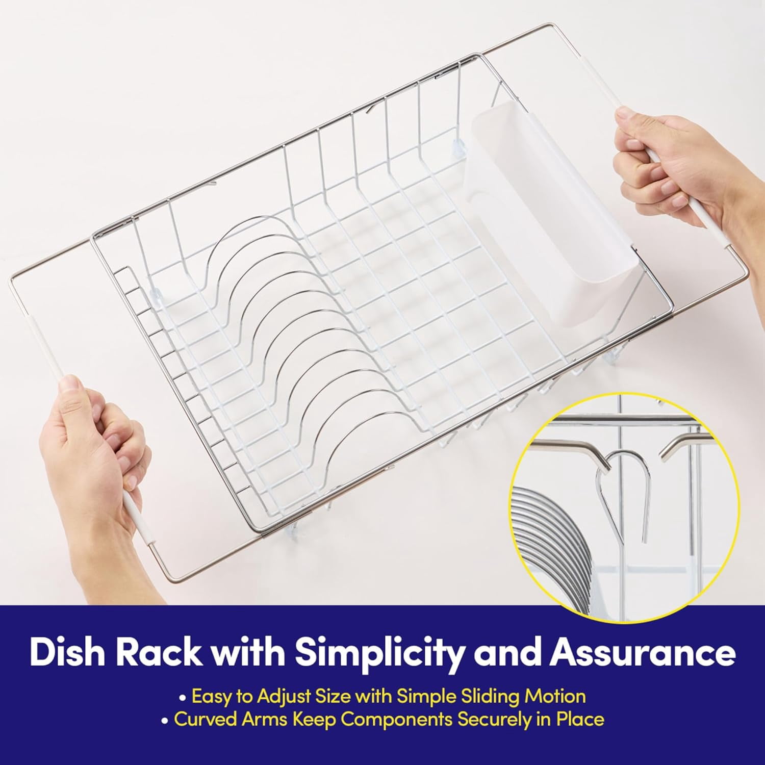 Dish Drying Rack Over The Sink Expandable to 24.5" Dish Drainer — Space-Saving Rectangular Kitchen Extending Drying Station with Utensil Holder, Fits Most Sinks for Easy Dish Organization, White