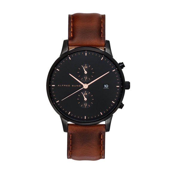 Alfred Sung Men's Dual Time Black Rose Gold Accents Date Leather Watch