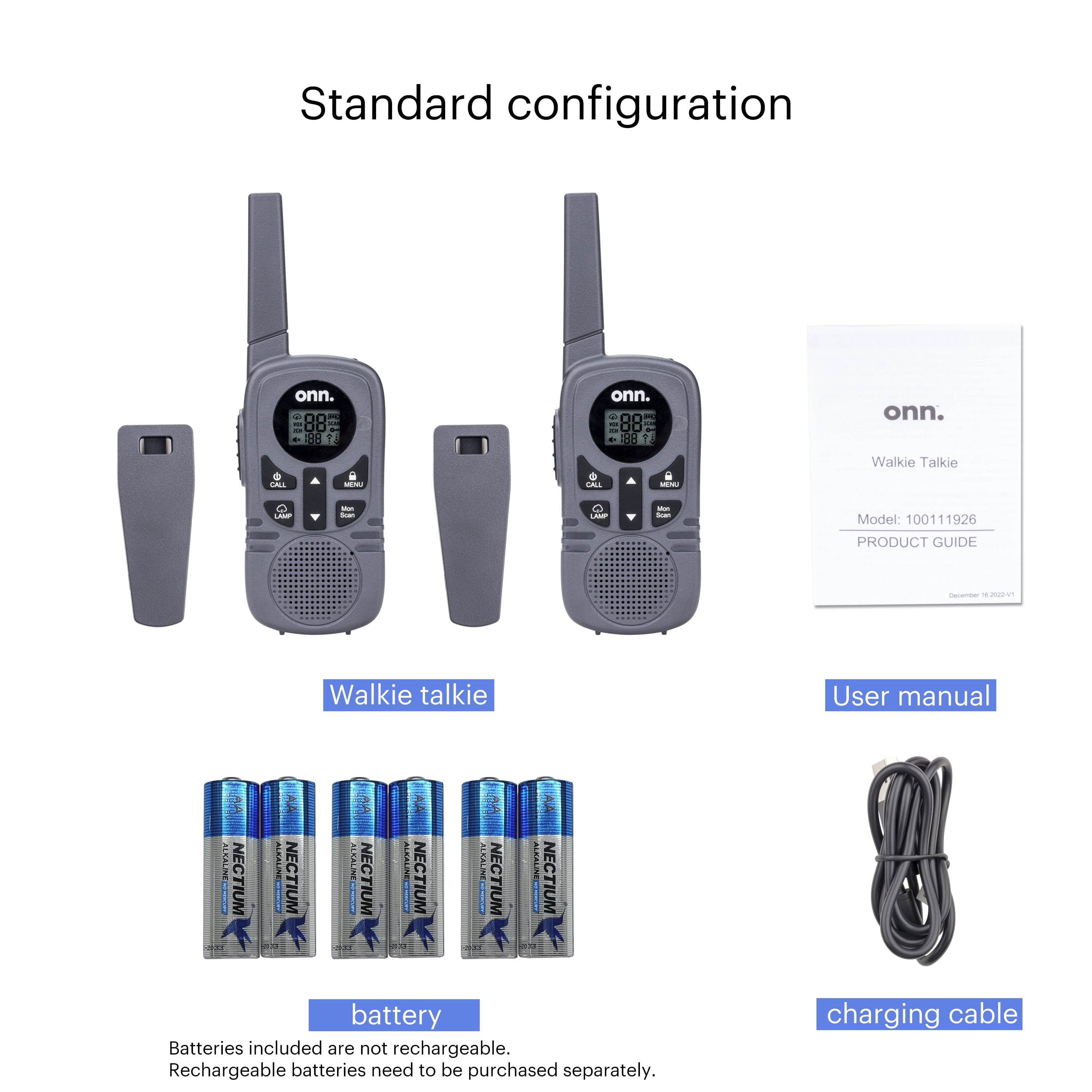 onn Walkie Talkies 16 mile Range With Two Way Radios, LED Light, 121 Privacy Channels, 2 Count