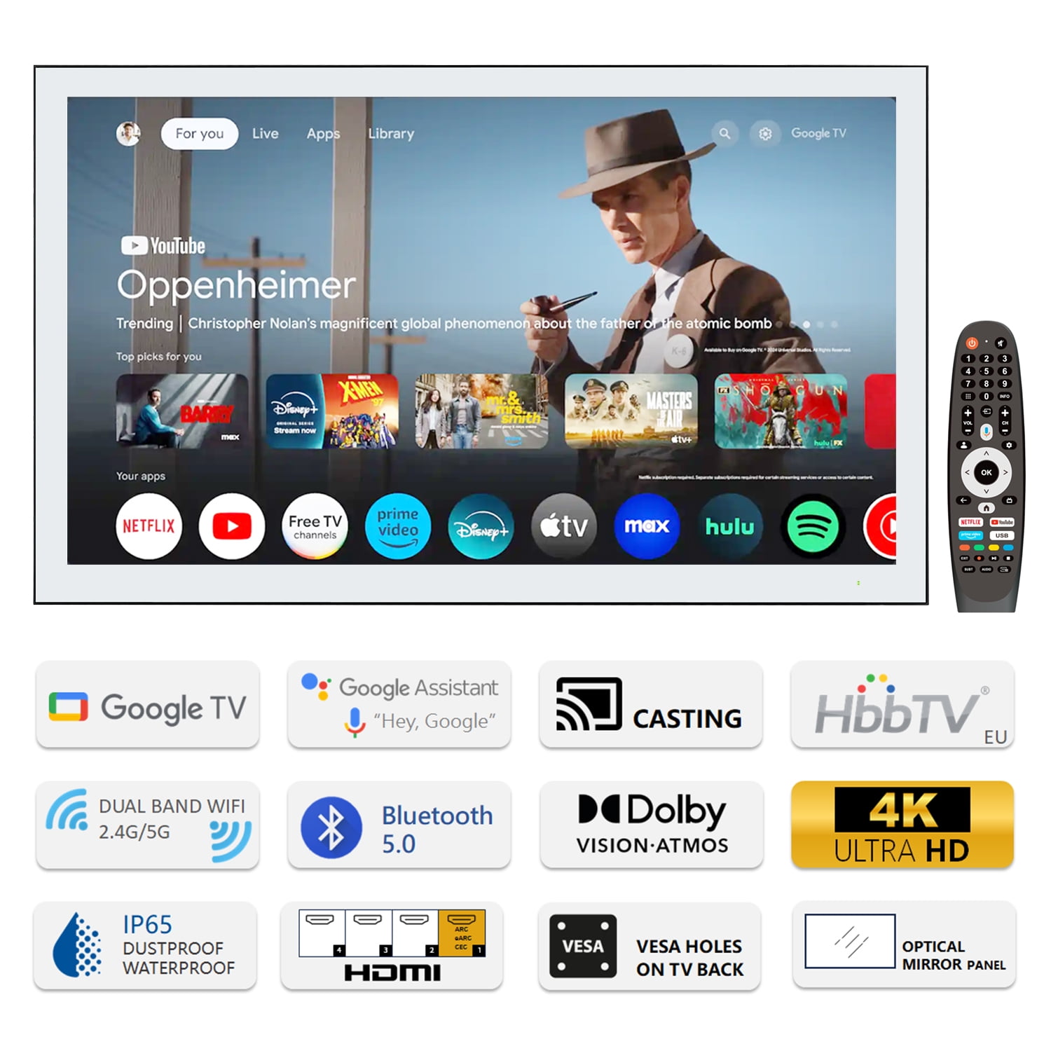 Soulaca 32 inches 4K Smart Mirror TV Wateproof Bathroom Voice Control Google System WiFi Bluetooth ATSC DTV Tuner