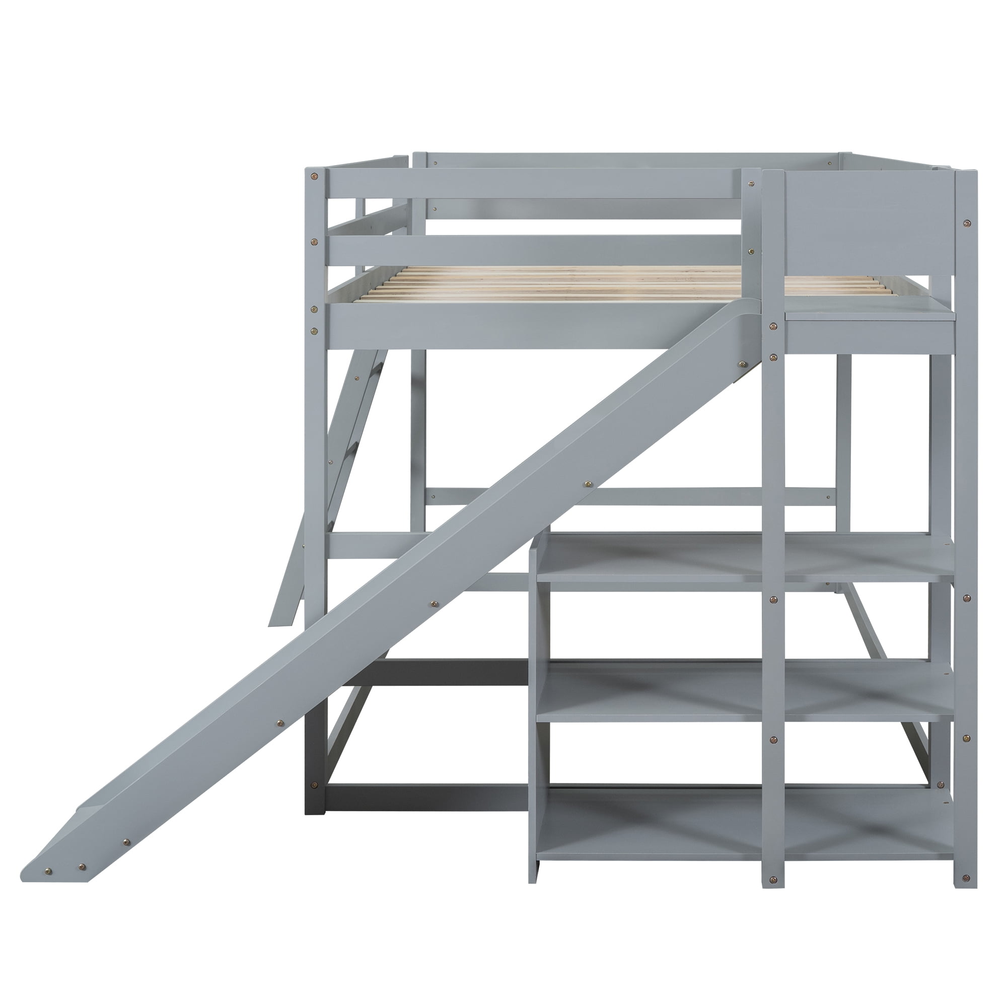 Euroco Wood Full over Full Bunk Bed with Slide and Ladder, 3-Tier Shelf for Kids Teens Bedroom, Gray