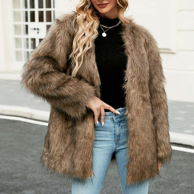 LSLJS Manteau Long Chaud en Fausse Fourrure pour Femmes, Veste d'Hiver à Col en V