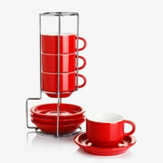 Sweese 4 Ounce Porcelain Stackable Cappuccino Cups With Saucers And Stand, Set Of 4, Red