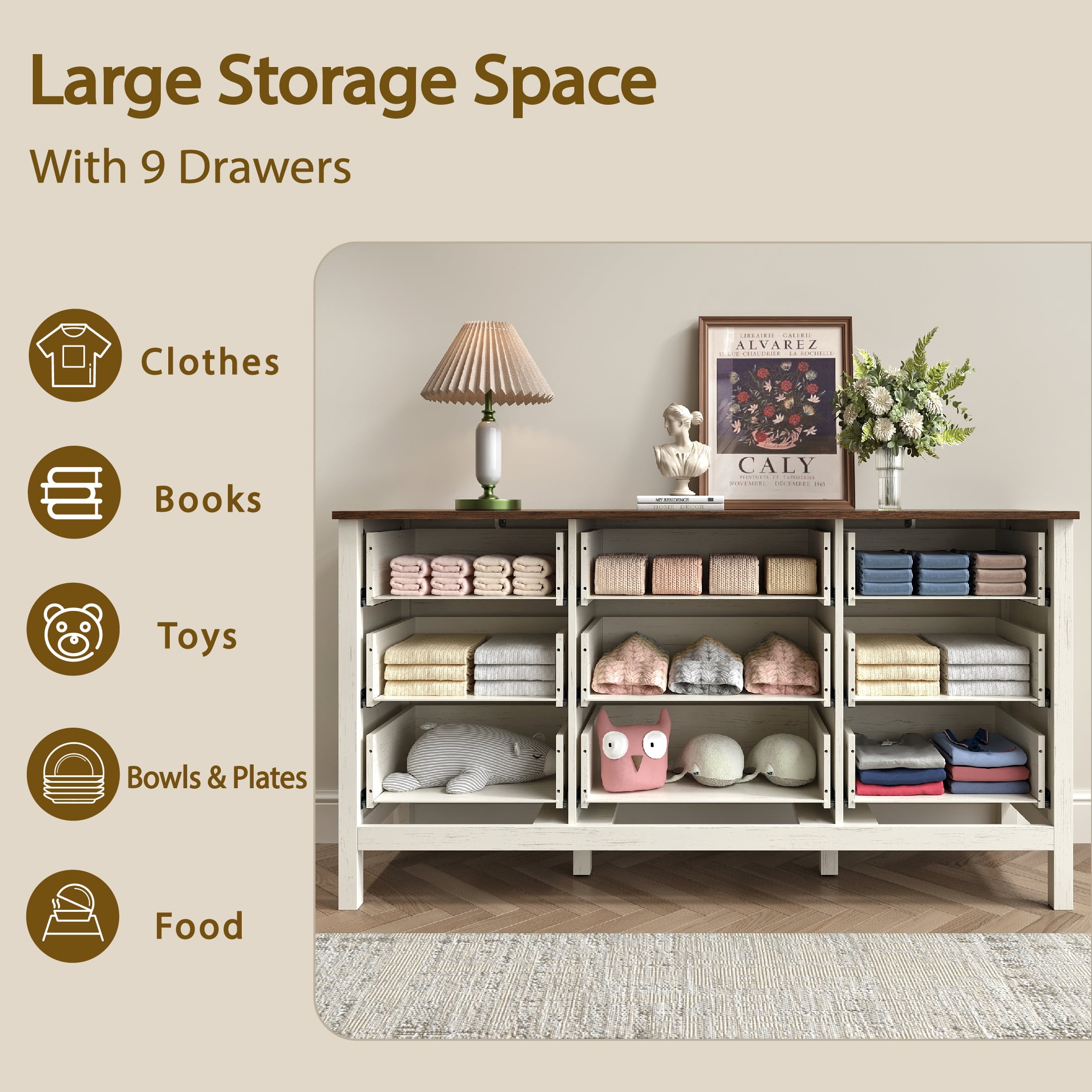 YouTrend 9 Drawer Farmhouse Dresser,Wood Adult Rustic Chest of Drawer with Metal Handles for Bedroom Living Room Hallway,Burlywood & White