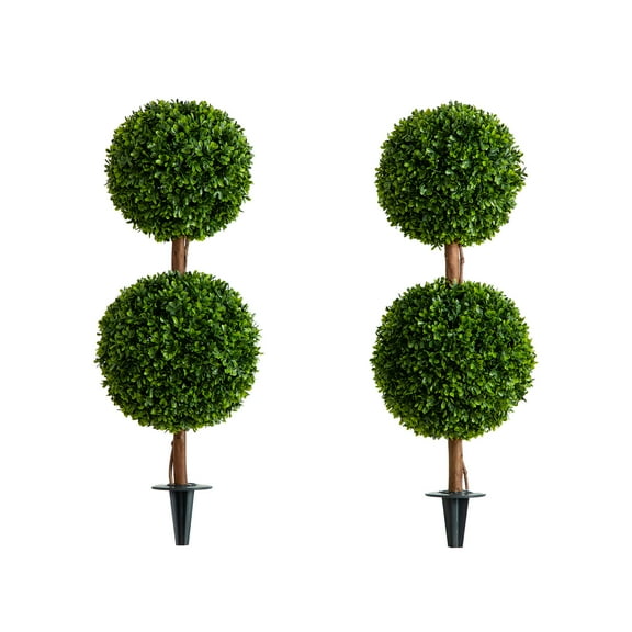Nearly Natural 3ft. UV Resistant Artificial Double Ball Boxwood Topiary with Integrated Ground Stake (Indoor/Outdoor) - Set of 2