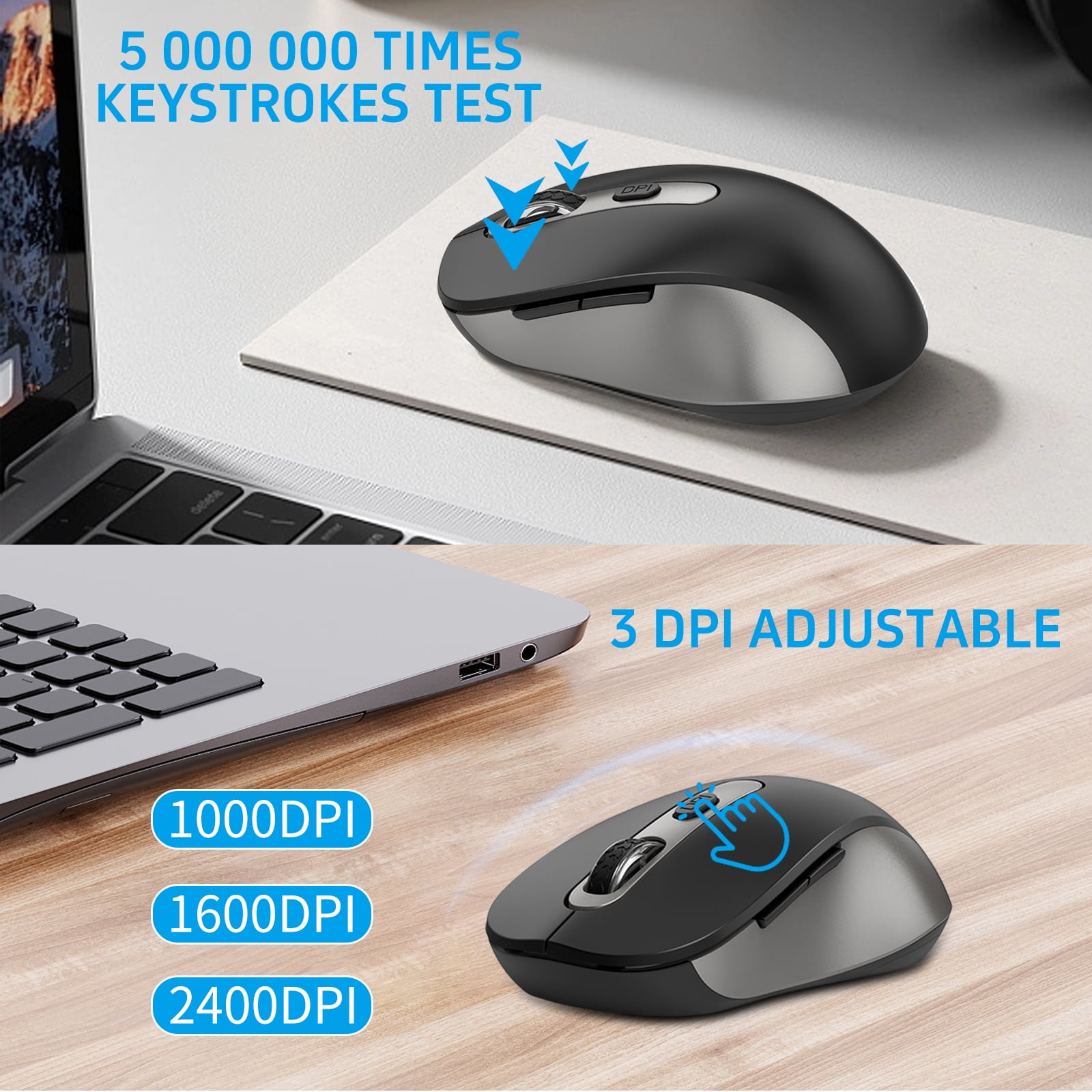 Wireless Mouse and Keyboard Combo, Full-Size Computer Keyboard with Calculator Button, 2400 Dpi Ergonomic Mouse, Ultra-Thin Cordless USB Keyboard and Mouse Set for Laptop Windows Mac - Black Gray