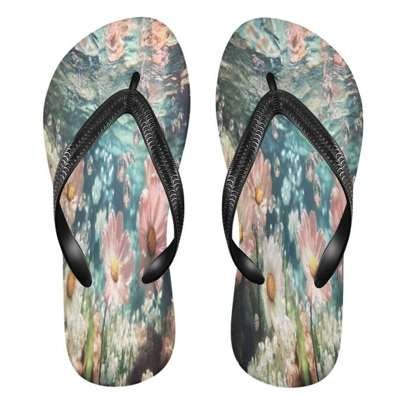 YAZAOOSummer Flip Flops Creatively Underwater Pink and White Flowers Simple Beach Sandals