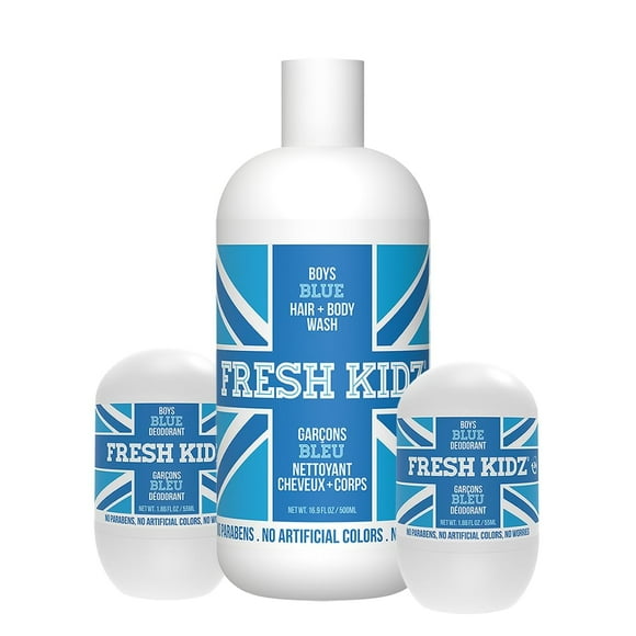Jabón para cabello y cuerpo Fresh Kidz 16.9 fl.oz. y 2 desodorantes roll on de 1.86 fl.oz. para niños y adolescentes - Conjunto azul para niños