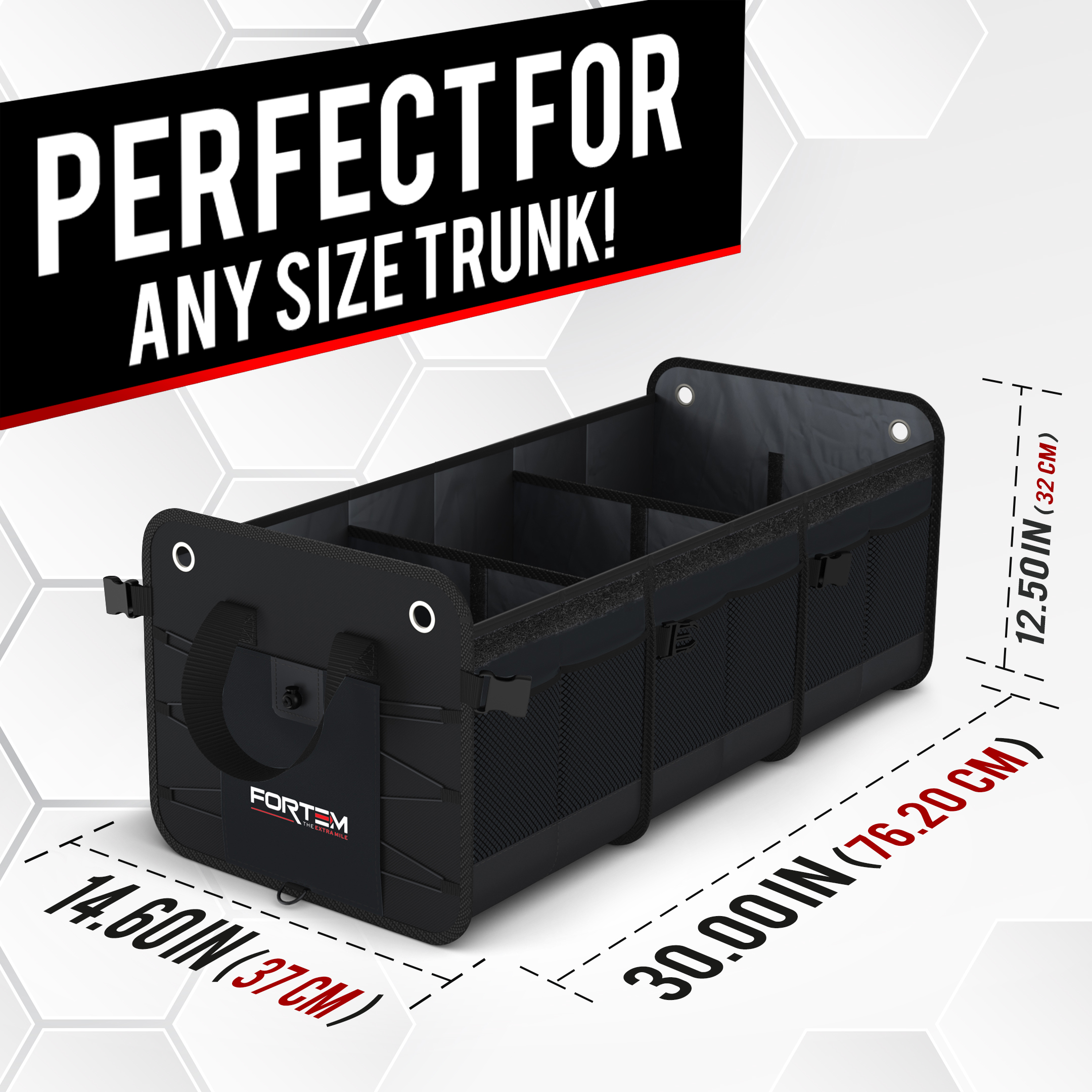 Fortem Car Trunk Organizer, Foldable Cover, Non-Slip Waterproof Bottom,  Straps, Cargo Storage (3 Compartments, Black)