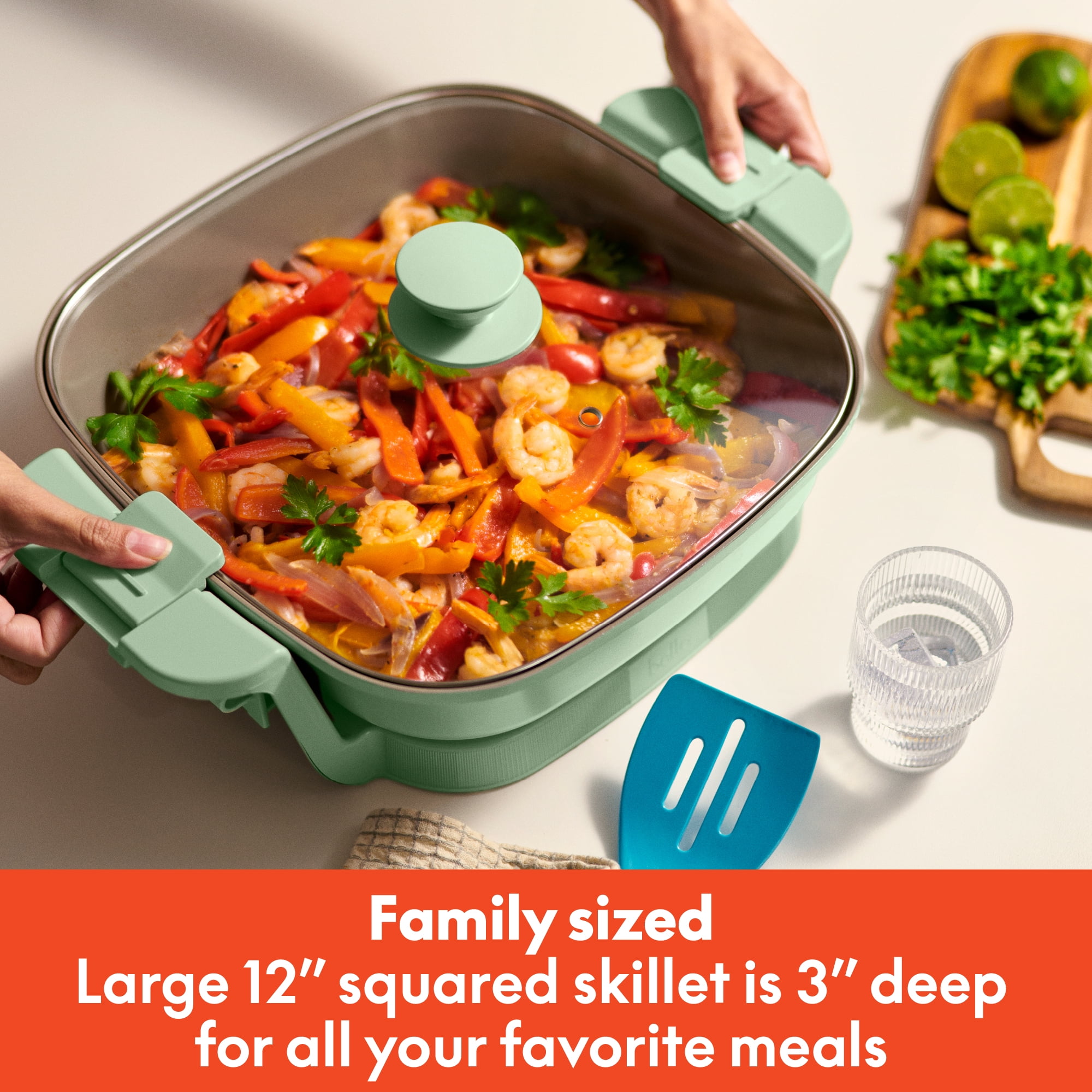 bella 12" Make & Take Electric Skillet with EverGood™ Ceramic Nonstick Coating, Adjustable Temperature, Dishwasher-Safe Glass Lid, Seaglass