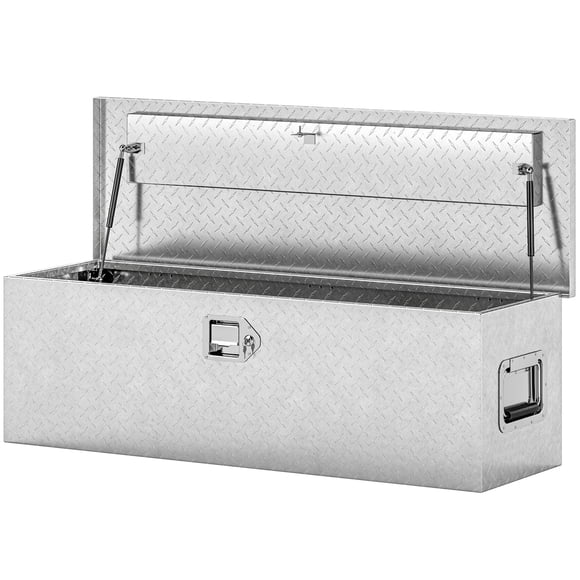 48 Inch Aluminum Truck Bed Tool Box, 33 Gal Heavy Duty Diamond Plate Trailer Tongue Storage Box with Gas Struts and Lock, Silver Metal Organizer for RV, Truck or Garage