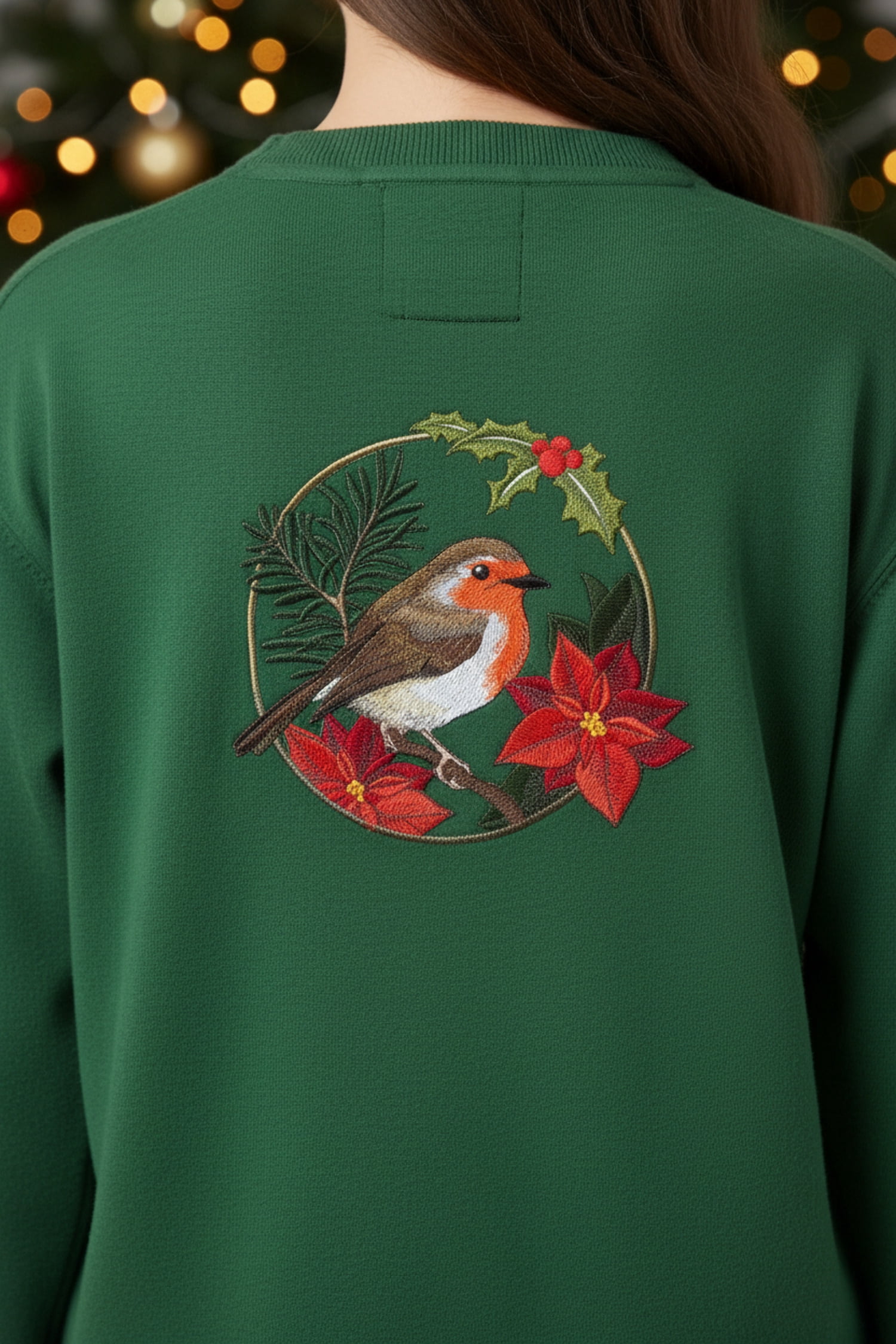 European Robin in Christmas Blooms Embroidered Iron on patch [6.27" X 5.9"]