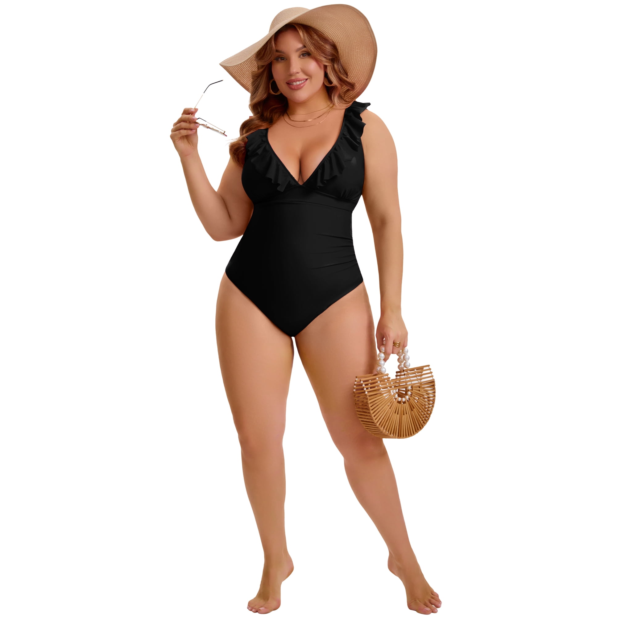 DARING DIVA Women's Plus Swimsuit Ruffled V Neck Tummy Control Bathing Suit L Black