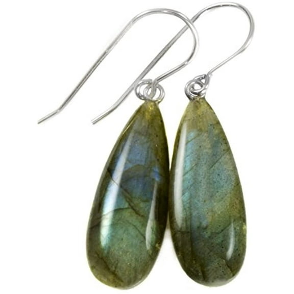 Sterling Silver Labradorite Earrings Smooth Long Large Teardrop Blue Flash Simple Dangle Drops Designed for Adult Women
